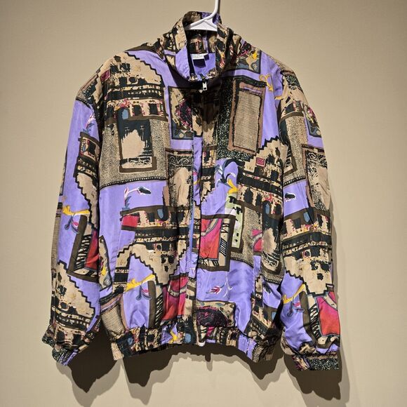 Fuda International Vintage Purple Art Print  Silk Jacket Women's Size L - Picture 1 of 8